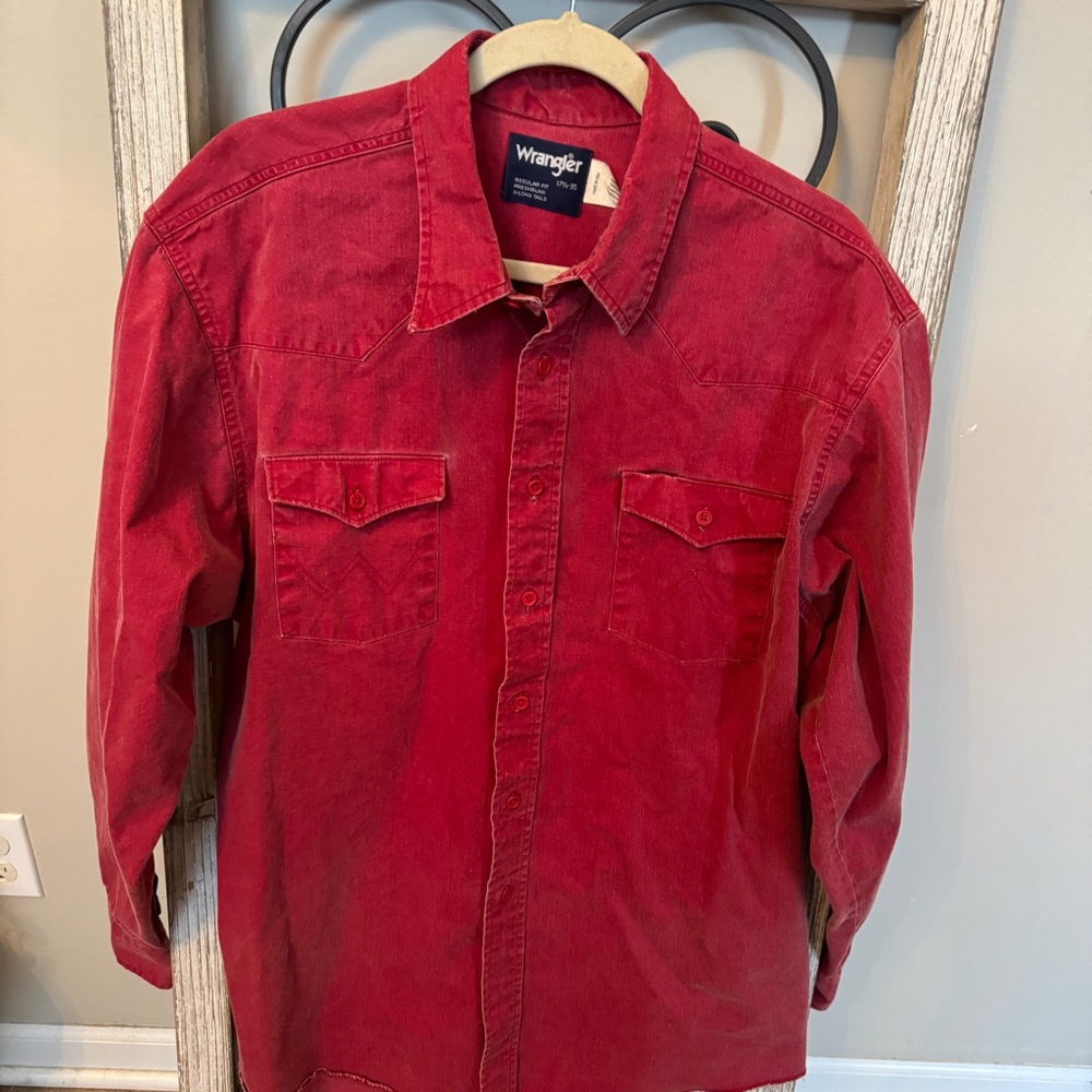 Wrangler Vintage Western Shirt Red Cotton Made In USA Regular Fit 17.5 35 XL